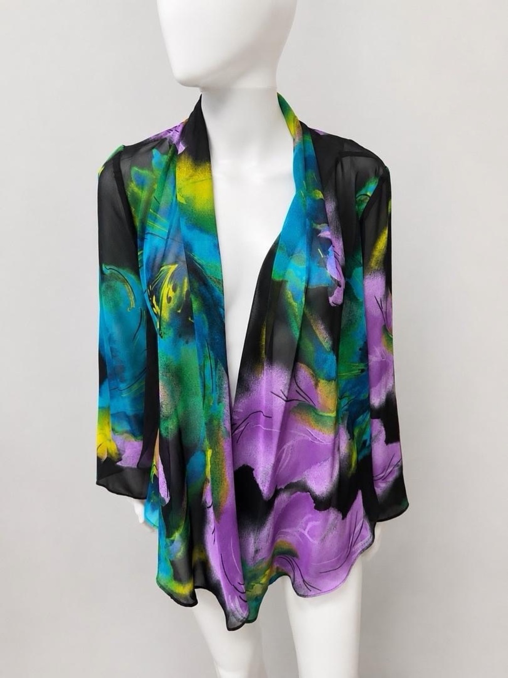 jcpenney Black Sheer Blouse with Purple, Blue & Green Watercolor Print